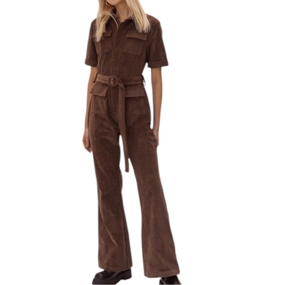 Nasty Gal Jumpsuit Womens 6 Brown Corduroy Flared Flare Belted Short Sleeves NWT - Picture 4 of 14